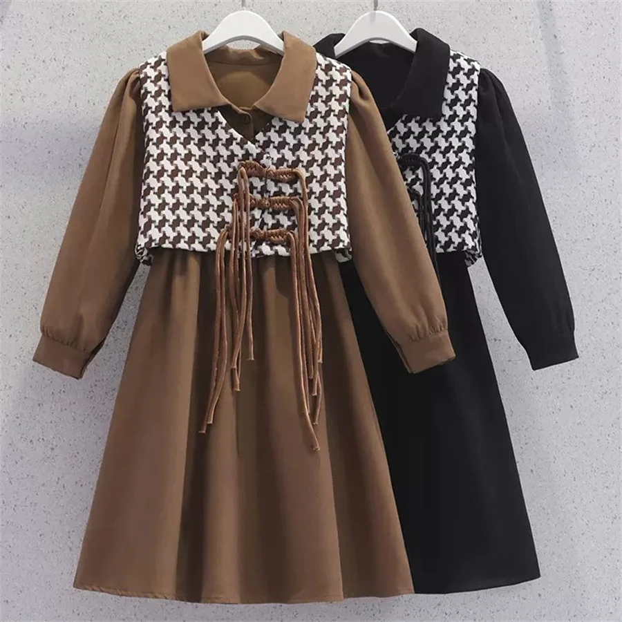 

Girl Dress 2024 Autumn New Korean Long Sleeve Children's plaid vest and Princess Dress for Girls 5-12years