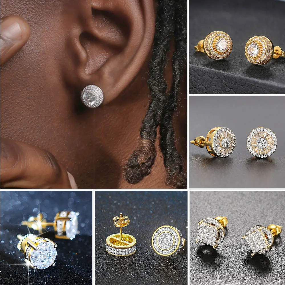 

HipHop Rock Cartilage Earring for Men Iced Out Zirconia Gold Color Piercing Screw Ear Studs Accessories Hippie Ice Male Jewelry