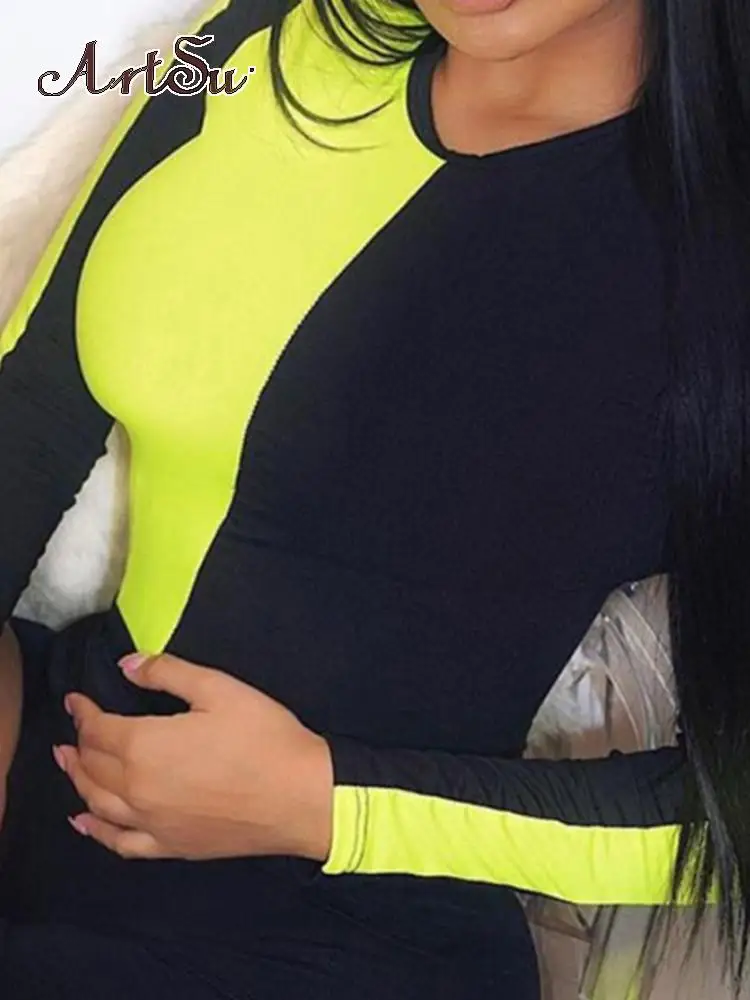 

ArtSu неоновый зеленый оранжевый Облегающий комбинезон для женщин с длинным рукавом, боди для праздника, сексуальные комбинезоны, уличные бод...