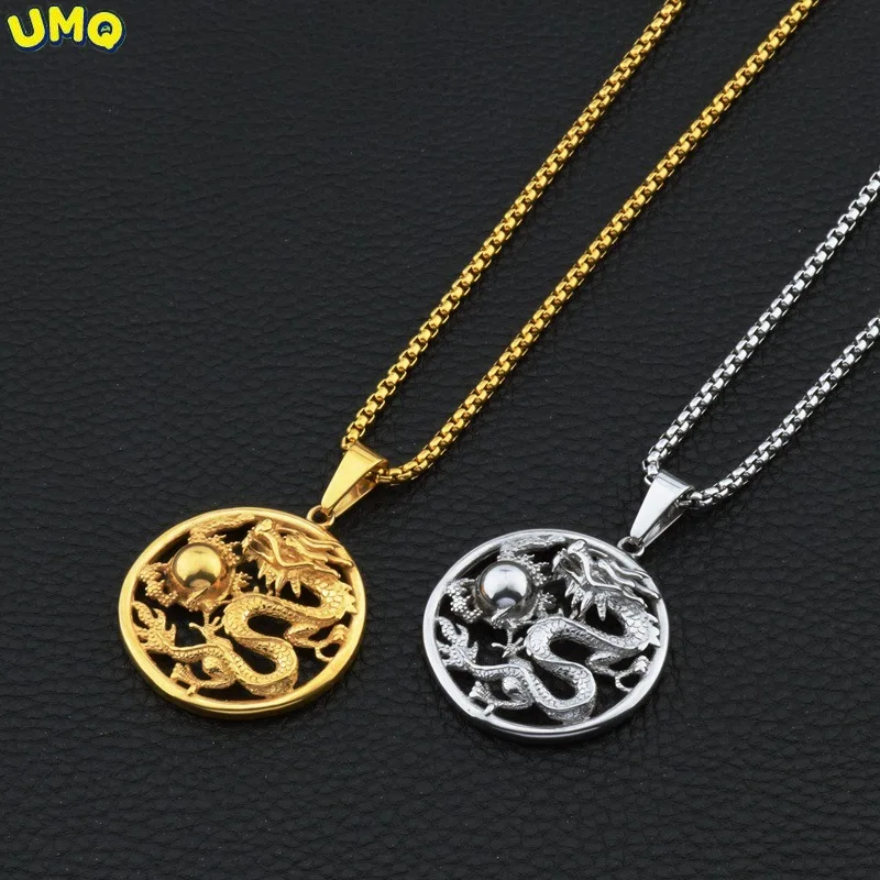 

Fashion Jewelry Round Dragon Pendant Nightclub Hiphop Street Gold Silver Dragon Play Bead Titanium Steel Necklaces for Unisex