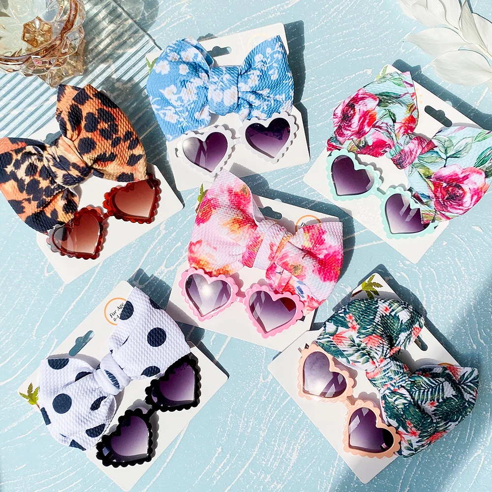 

2Pcs/Set Summer New Solid Color Bows Headband For Kids Girls Boys Sunglasses Cool Heart Shape Glasses Headwear Hair Accessories