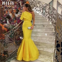 jeheth elegant long satin mermaid evening dresses 2022 yellow long sleeves one shoulder floor length custom made prom party gown