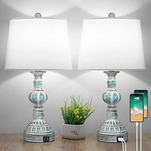 

Приглушаемая лампа с 2 USB-портами, набор из 2 прикроватных ламп для чтения для спальни, Современная деревенская тумбочка