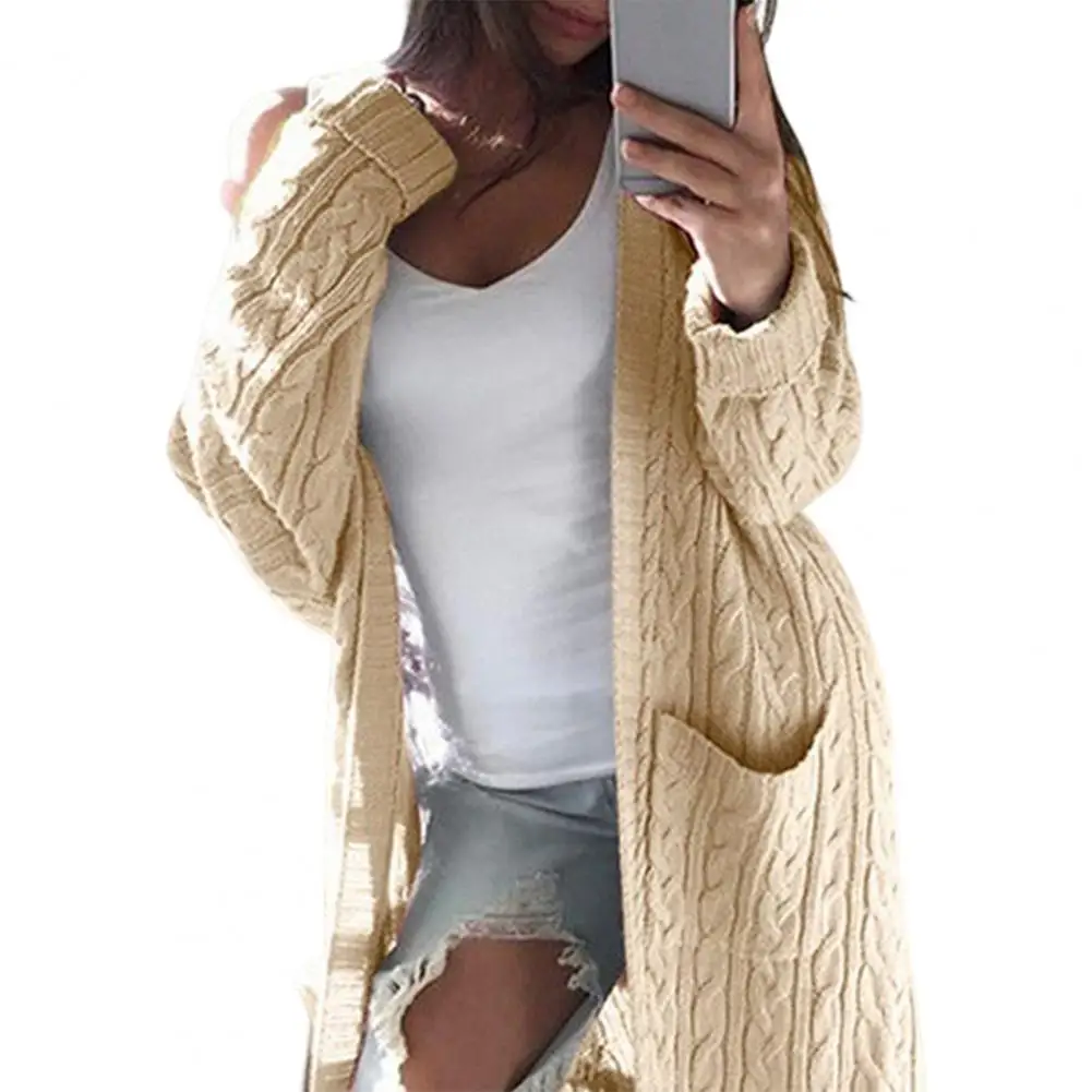 

Chic Sweater Cardigan Double Pockets Knitted Jacket Casual Mid-Length Knitted Outerwear