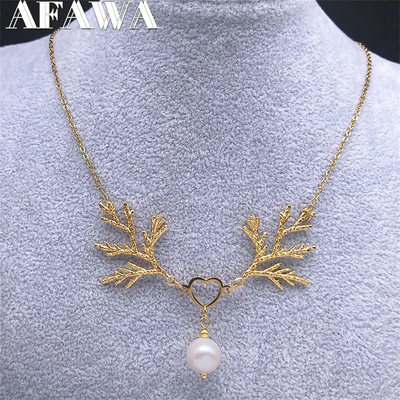 

Antler Branches Choker Necklace for Women Pearl Stainless Steel Love Heart Necklaces Jewelry collar acero inoxidable mujer NA05