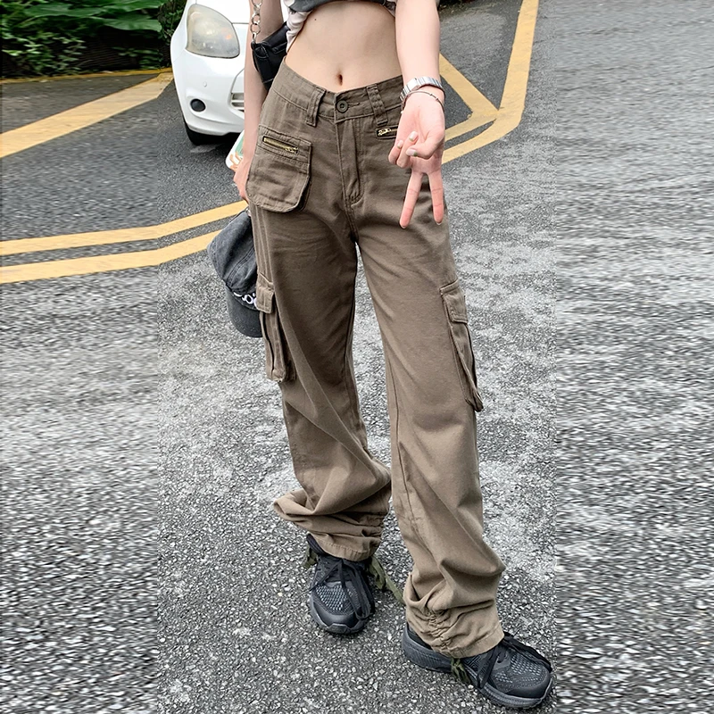 

Grunge Drawstring Cargo Pants Women Retro High Waist y2k Clothes Streetwear Female Baggy Multi Pocket Hip Hop Denim Trousers