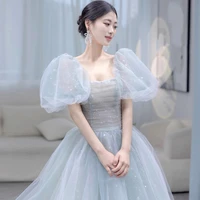 blue starry evening dress elegant square collar puff sleeve 2022 new court train sexy backless engagement gonws