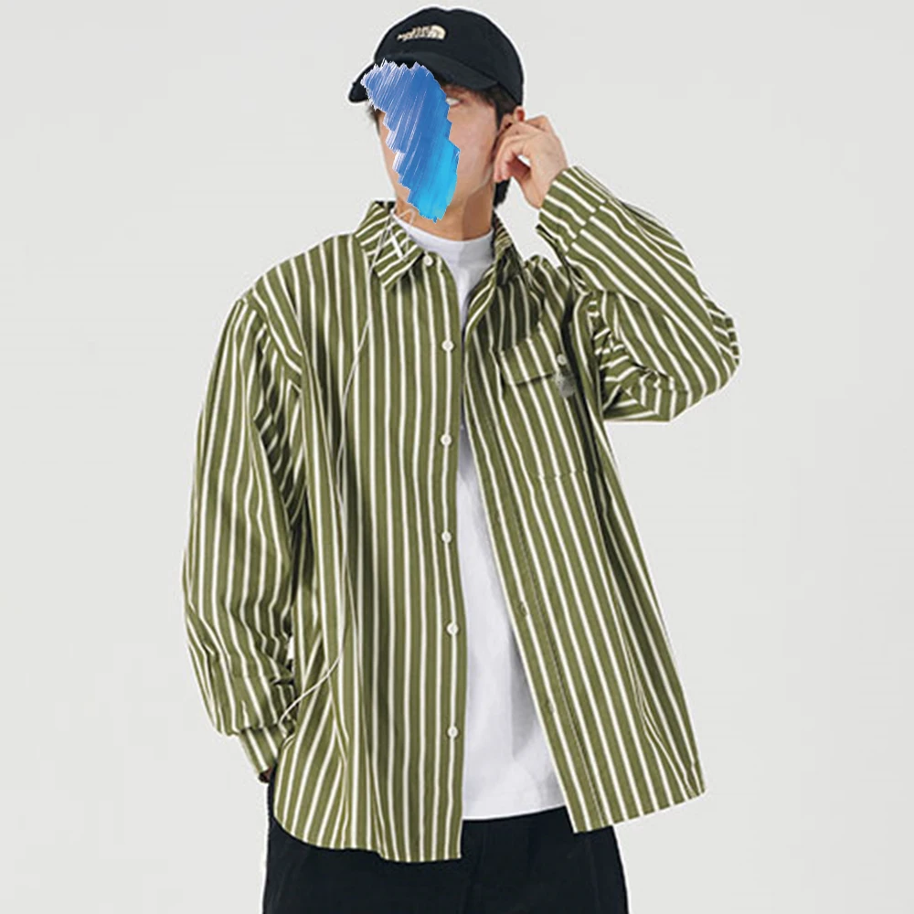 2022 Shirts for Men Casual Stripe Retro Shirt Long-Sleeved Chest One Pocket Design Fashion Button Men Shirt Plaid Shirt Men