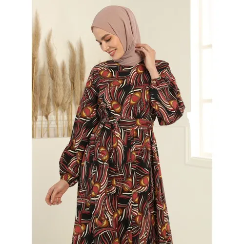 

Платье с ремнем и узором, круглый вырез, мусульманский модный хиджаб, одежда в исламском стиле, высокое качество, удобное использование, Тур...
