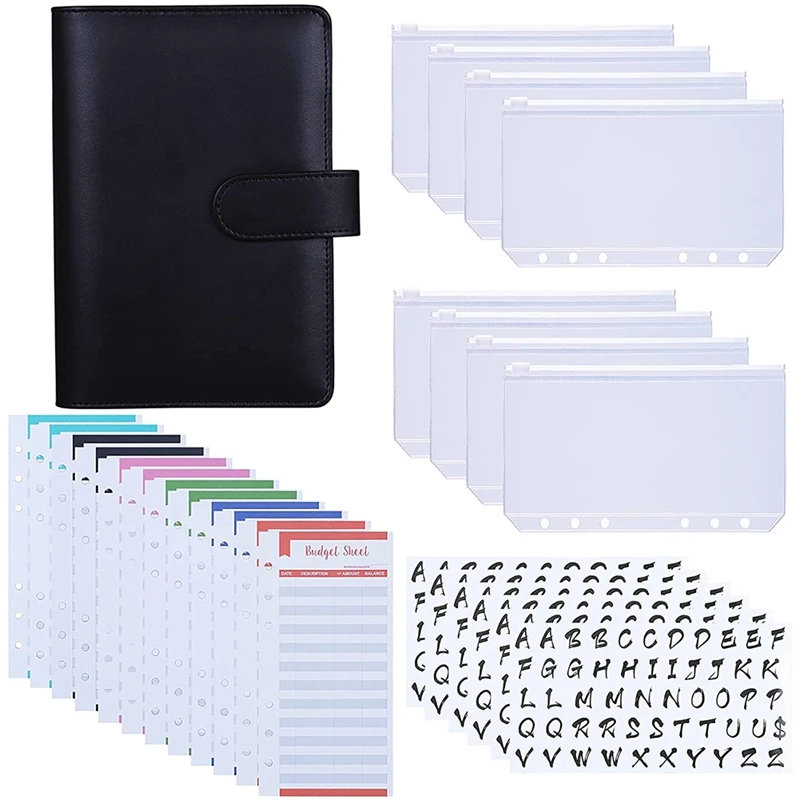 

A6 PU Binder Case,With A6 Binder Pockets 12 Expense Budget Sheets Sticker Labels For 26 Categories Ring Budget Binder