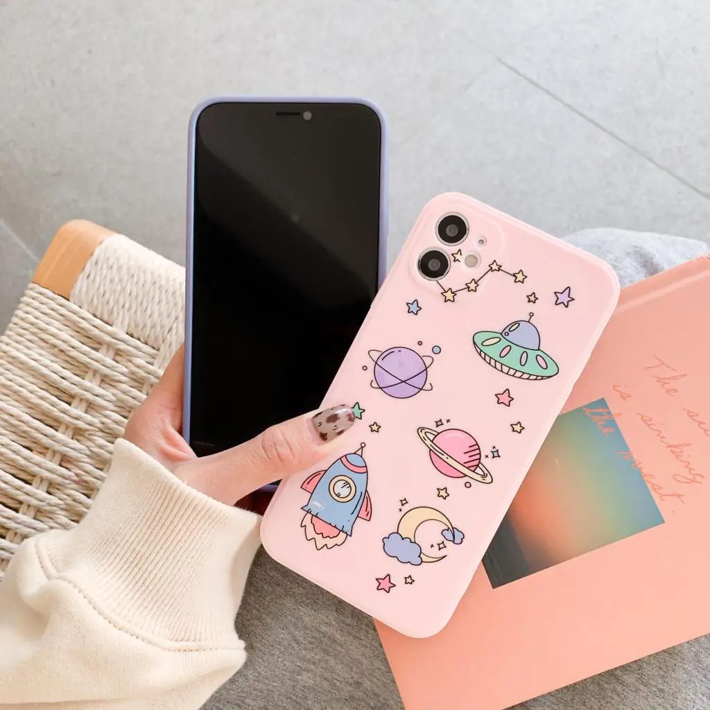 

Cute Cartoon Space ship Astronaut Liquid Silicone Phone Case For iPhone 14 13 12 11 Pro MAX XR X SE XS 7 8 14 Plus Soft Cover