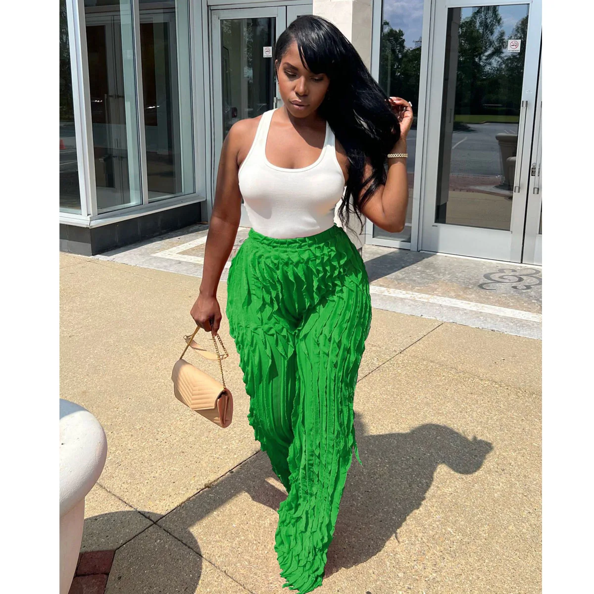 

Wishyear Summer High Waist Long Pants Lady Streetwear Casual Loose Trousers Mesh Ruffle Stretch Wide Leg Pants Women Sweatpants