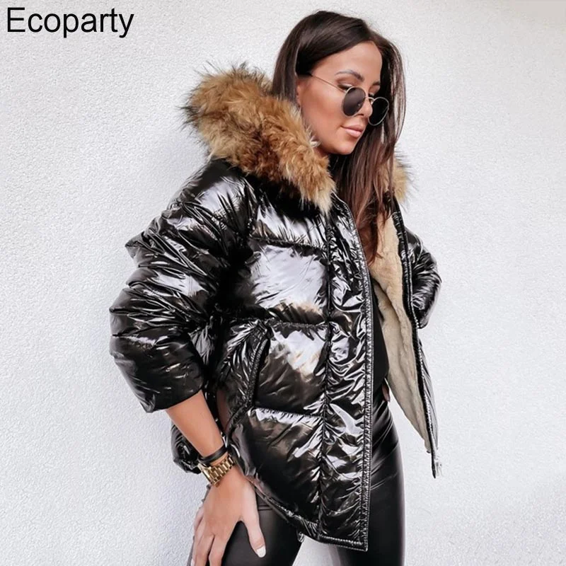 Glossy Down Cotton Jacket For Women Winter Overcoat Parkas 2022 Fur Collar Hooded Overcoat Fashion Loose Warm Thick Coat Outwear
