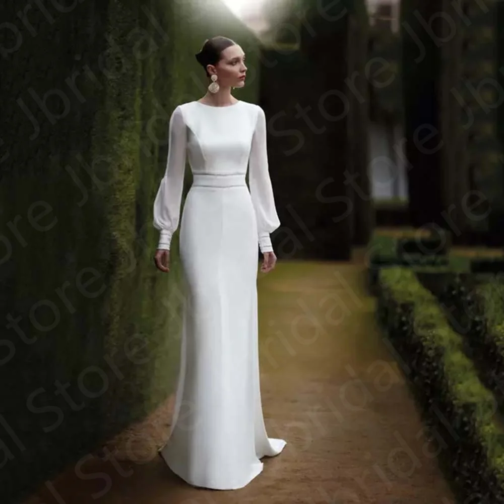 Классические простые свадебные платья с юбкой-годе, свадебные платья с длинным рукавом, платья невесты с круглым вырезом и открытой спиной со шлейфом, распродажа 2023 Классические простые свадебные платья с юбкой-годе, свадебные платья с длинным рукавом, платья невесты с круглым вырезом и открытой спиной со шлейфом, распродажа 2023