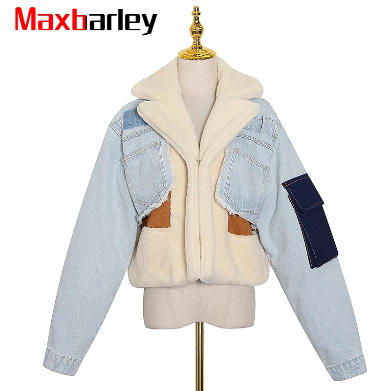 Maxbarley Patchowrk Lambswool Denim Jacket For Women Lapel Long Sleeve Tassel Casual Coat Female 2022 Winter Fashion New