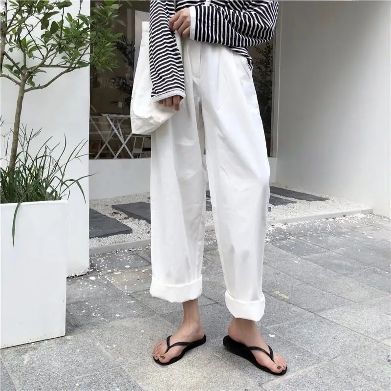 Korean Basics Baggy Trousers Women High Waist White Straight Pants New Casual Rolled Edge Wide Leg Pants Teen Girls