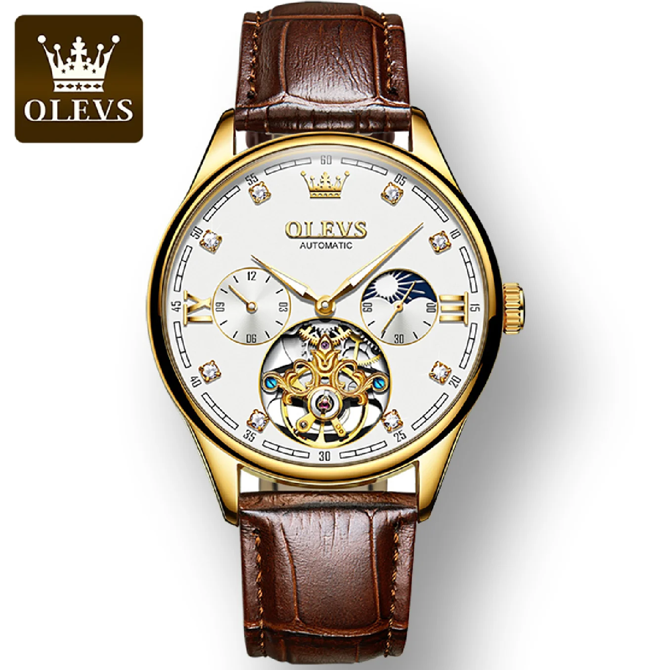 

OLEVS Automatic Mechanical Tourbillon Full-automatic Watch for Men Corium Strap Fashion Waterproof Men Wristwatch Luminous