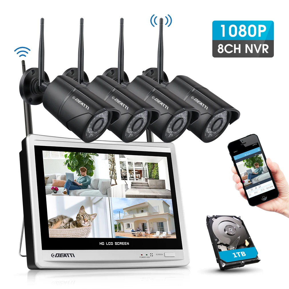 Комплект камеры видеонаблюдения 8-канальный 3 Мп Wi-Fi с ЖК-монитором 12 дюймов