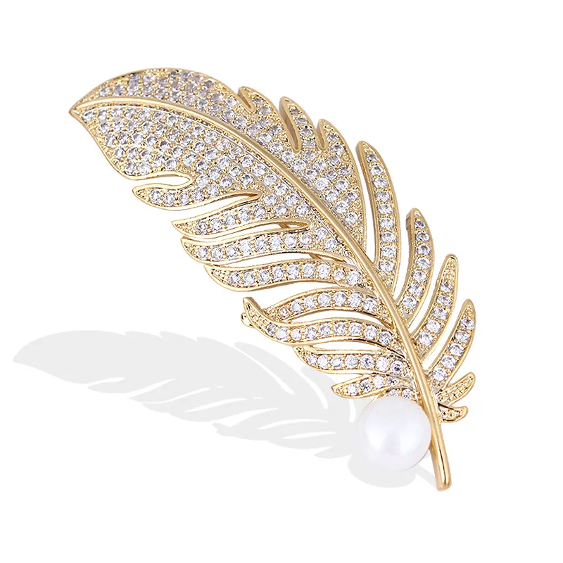 

Elegant Rhinestone Feather Brooches for Women Plant Leaf Pin Corsage Coat Garments Ladies Wedding Party Gifts Classic Jewelry