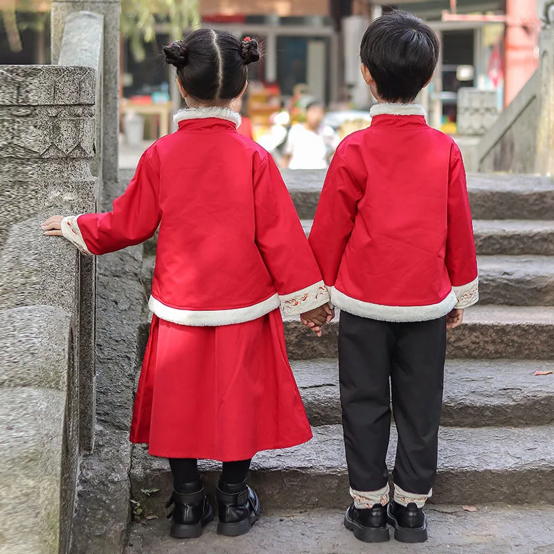 Winter Girls New Year Dress chinese Lovely Embroidery Kids Tang Suit Boys Thick And Quilted Cotton Perform Costumes |