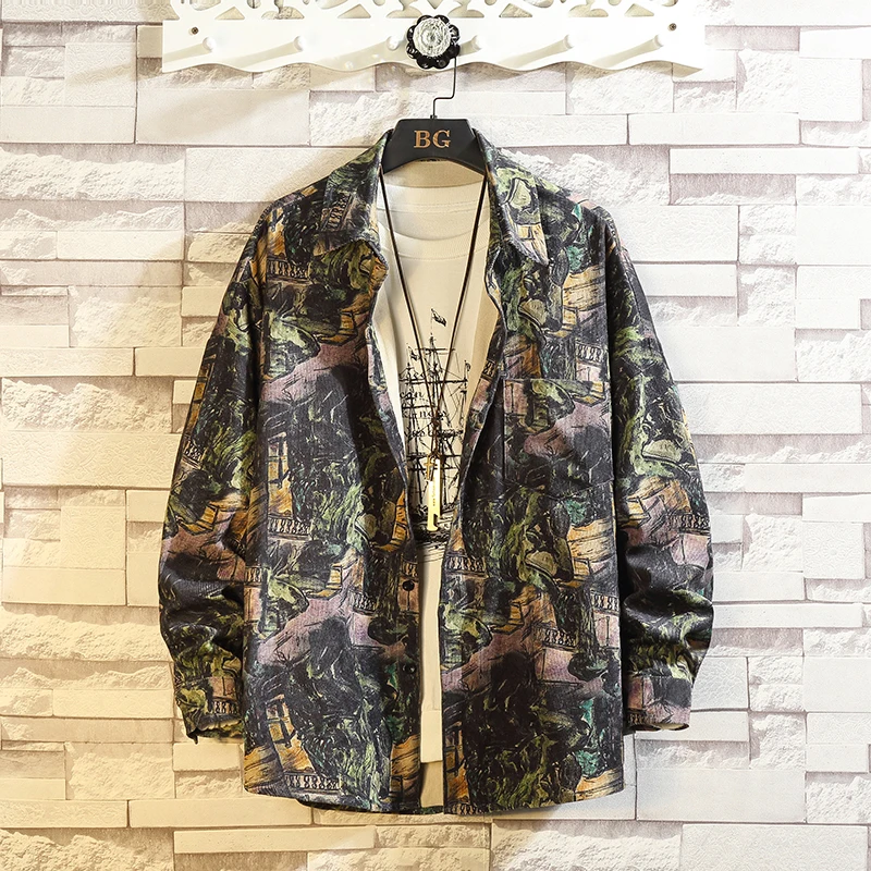 

Рубашка мужская Вельветовая с длинным рукавом, японский Топ в стиле Хань, свободная сорочка с граффити, большие размеры, на осень