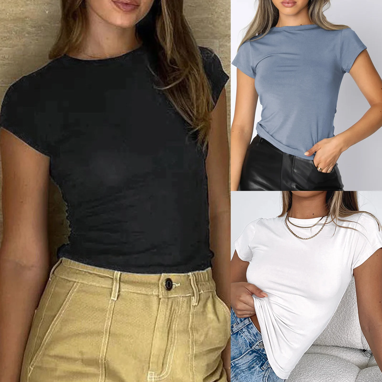 

Slim Sports T-Shirt Solid Color Cropped Slim T-Shirt Round Neck Fashion Simple European Casual Breathable Basic Blouse Tee Tops