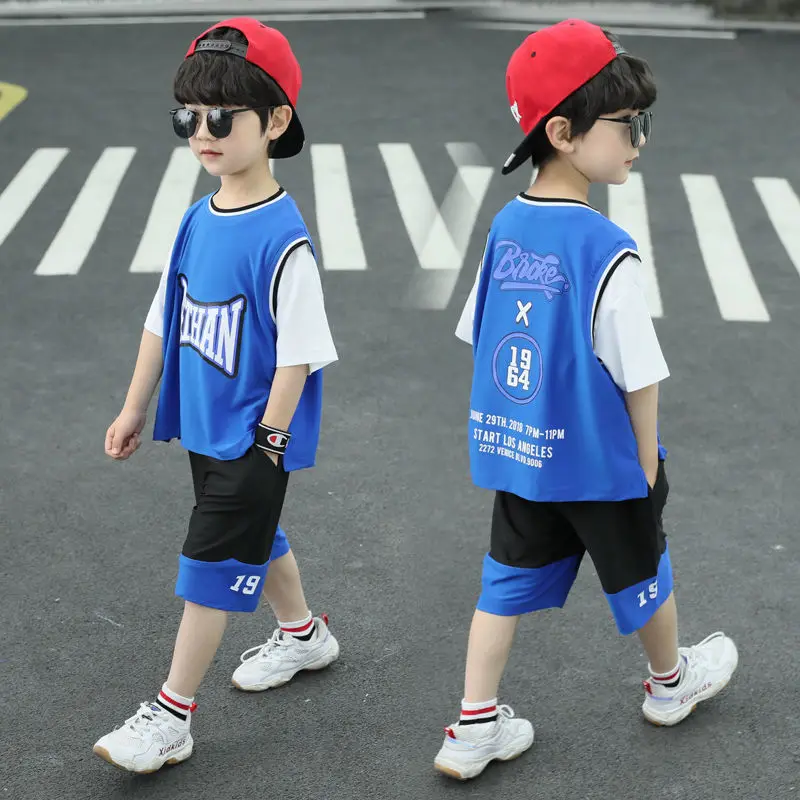 

5-12 Years Summer Loose Short Sleeve Boy's Basketball Suit Letter Print T-Shirt + Short Pants Sport Clothes Set