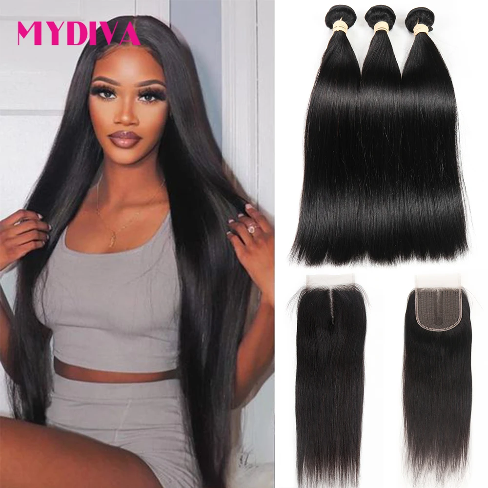 40 Inch Bundles With Closure Middle Part Remy Human Hair Extensions Brazilian Straight Hair Weave Bundles With Closure 5x5x1
