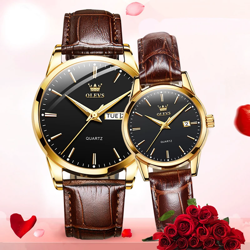 OLEVS Couple Watch Top Brand Luxury Fashion Casual Leather Quartz Watch For Men And Women Luminous Waterproof Wristwatch Clock