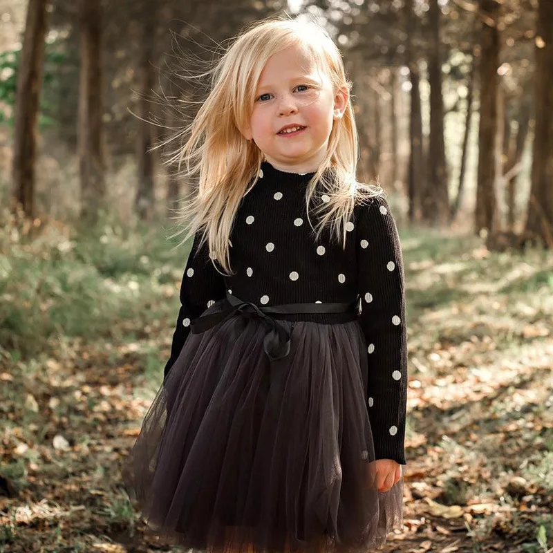 

Infant Kids Baby Girls Fluffy Long Dress Children's Clothing Toddler Newborn Girls' Knitted Mesh Dot Long Sleeved Sweater Dress