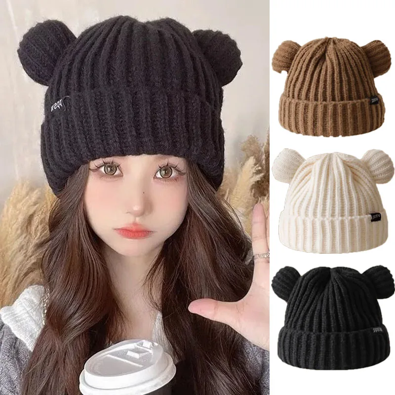 

Women's Bear Ears Woolen Beanies Hat Girls Winter Warm Thicken Earflaps Knit Bonnet Female Ear Protection Soft Plush Knitted Cap