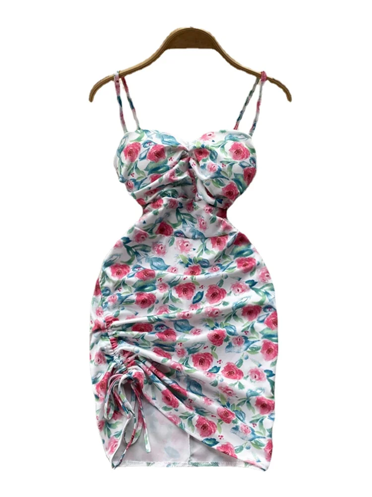 

Drawstring Floral Print Backless Dress French Style Women Summer Slim Strapless Retro Ladies A Line Mini Dresses party