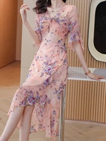 women elegant summer midi casual dress pink floral corset chiffon longue prom dresses v neck 2022 fashion beach boho vestidos