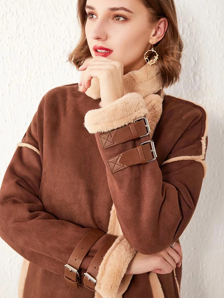2022  Autumn Winter Women Faux Suede Leather Fur Long Jacket Streetwear Female Moto Biker Brown Coat Lady Thick Warm Outwear New