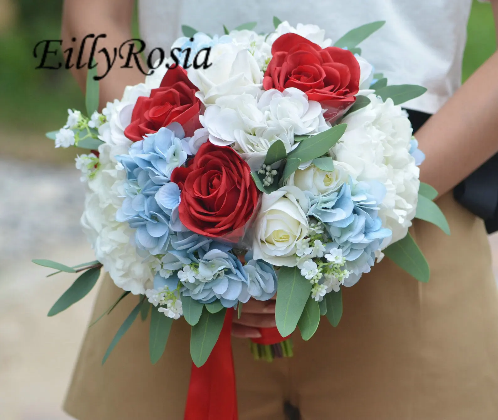 

EillyRosia Light Blue Hydrangea Red Roses White Peony Rustic Bridal Bouquet Artificial Hand Holding Beach Wedding Flowers Bride