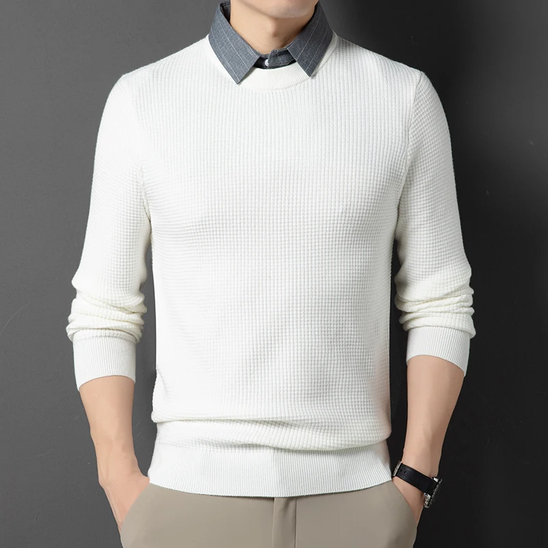 

Высококачественные свитера из двух предметов, Мужская Осенняя утепленная трикотажная рубашка с длинным рукавом
