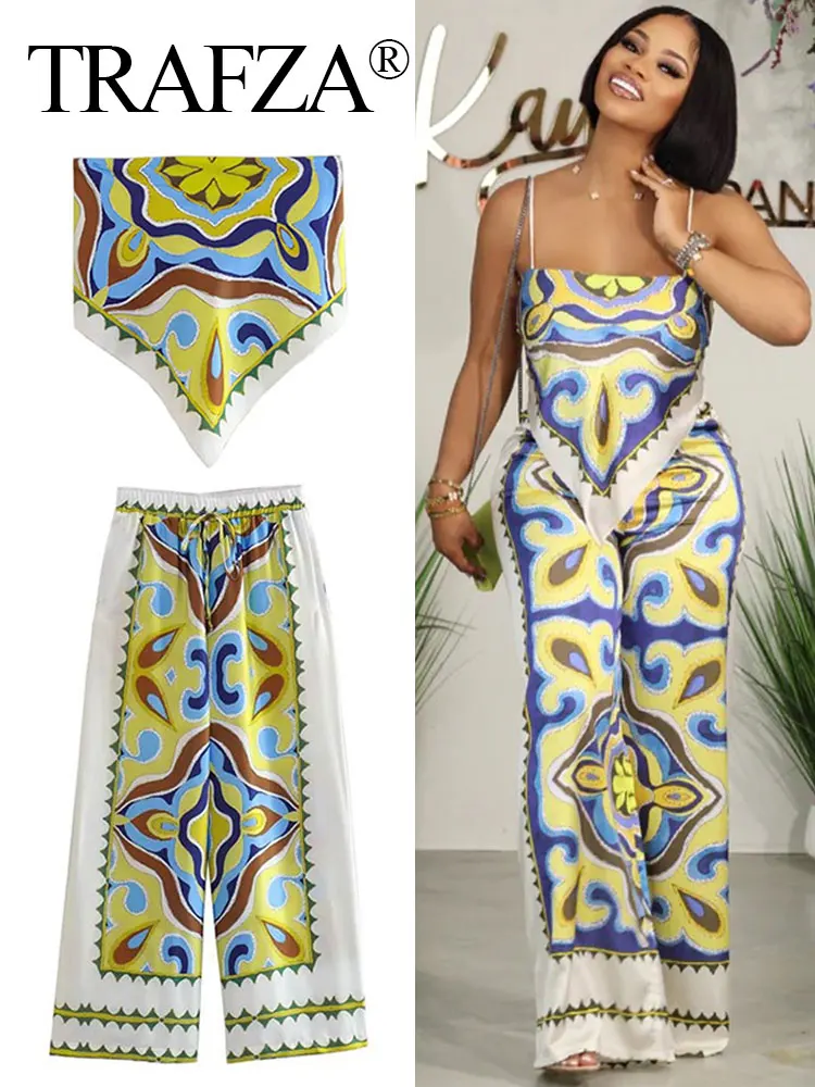 TRAFZA 2023 Women Fashion Print Blouse Pants Sets Summer Causal Headband Style Sling Top Drawstring Straight Long Pant Suit