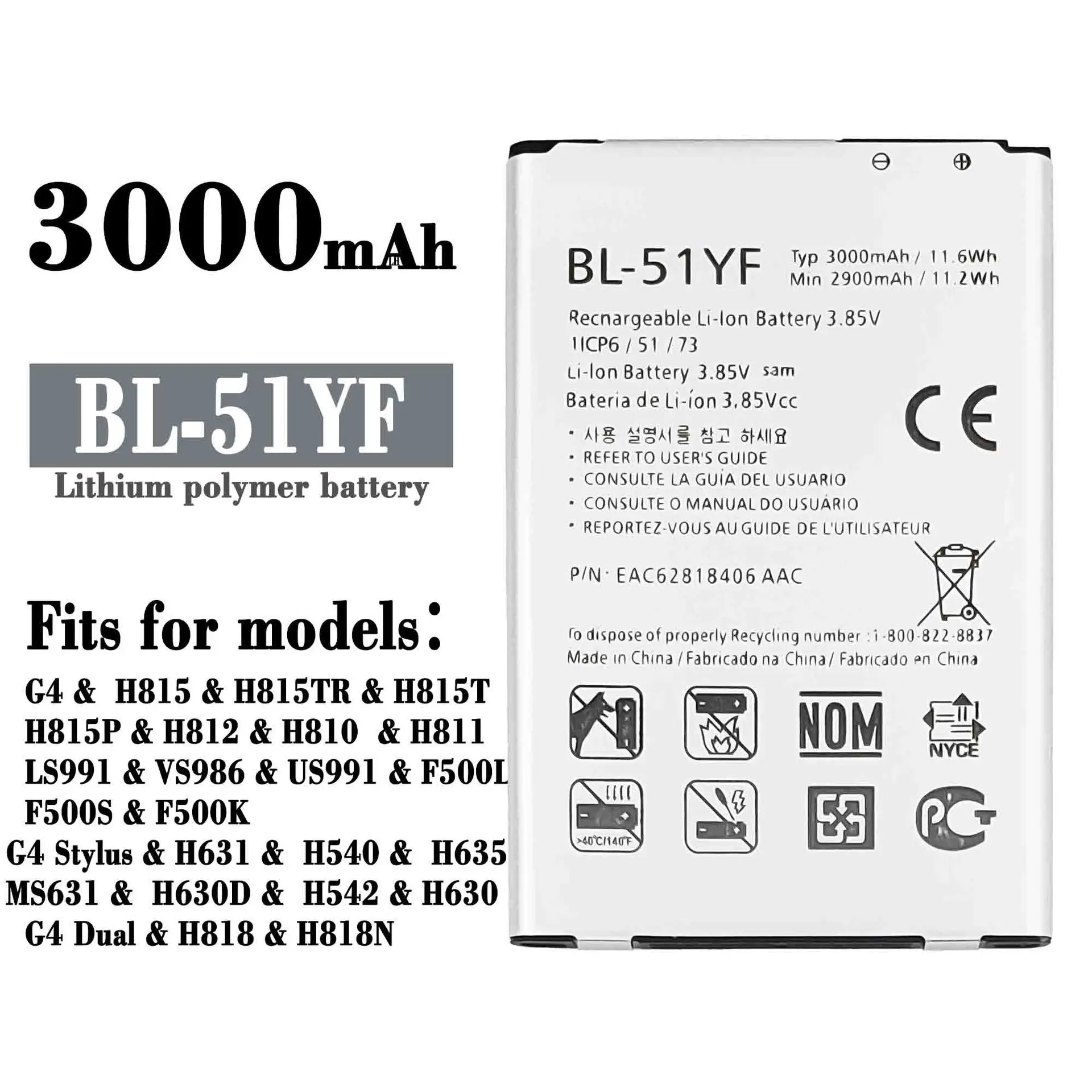 

BL-51YF Orginal Replacement Battery For LG G4 H818 H810 H815 VS999 F500 F500K F500S F500L H630 H540 Authentic Batteries 3000mAh