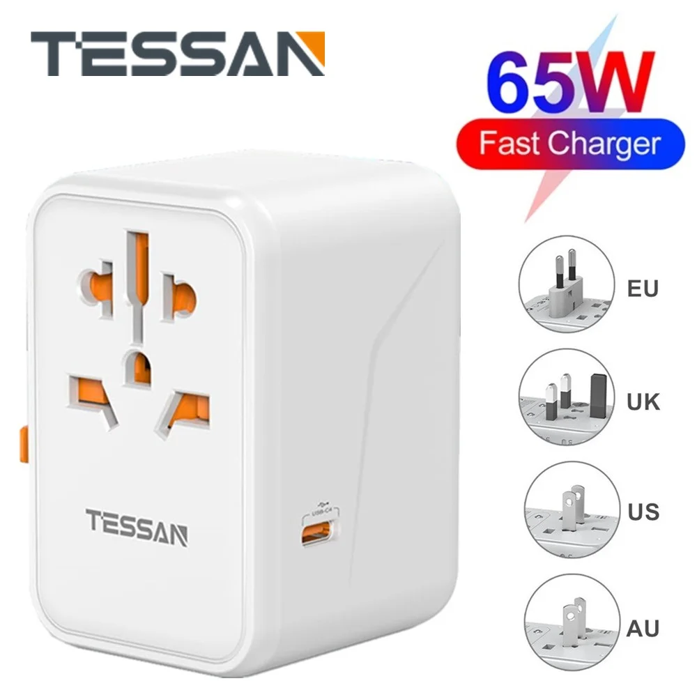 TESSAN 65 Вт GaN Универсальный адаптер для путешествий по всему миру с USB & Тип C Быстрая зарядка настенный адаптер EU/UK/USA/AUS вилка для путешествий