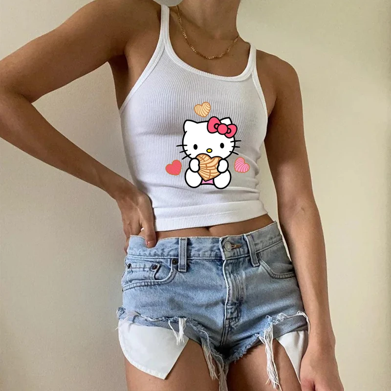 Sanrio Hello Kitty Cute Girl Sweet Sexy Spicy Style Sling Tank Top Летний корейский стиль Kawaii Anime Crop Модный