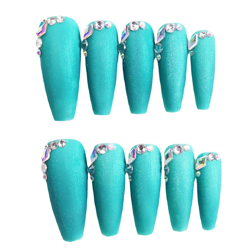 

24 PCS Fake Nail Sea Blue Long Lasting Nail with Rhinestones for Daily Office Routine Duties WH998