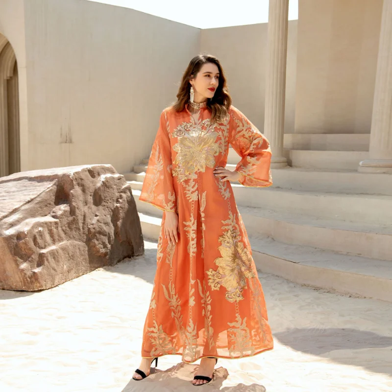 Middle East Golden Sequins Yarn Muslim Dress Cardigan Jalabiya Dubai Arab Abaya for Women Kimono Abrigo Mujer Largos Musulmana