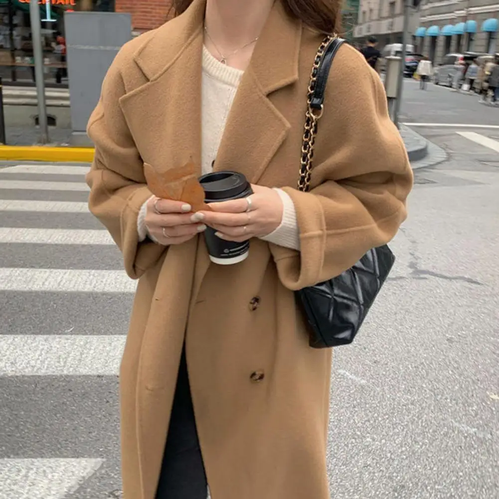 

Женское пальто средней длины, Женское шерстяное пальто, стильное Женское зимнее шерстяное пальто, длинный двубортный Тренч с карманами и воротником с лацканами