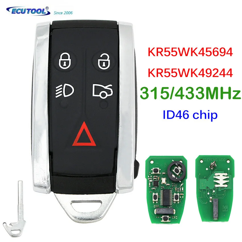 

315/433MHz 5 Buttons Smart Remote Key FSK ID46 Chip For Jaguar XF XFR XK XKR XJ8 XK8 With Emergency Key KR55WK45694 KR55WK49244