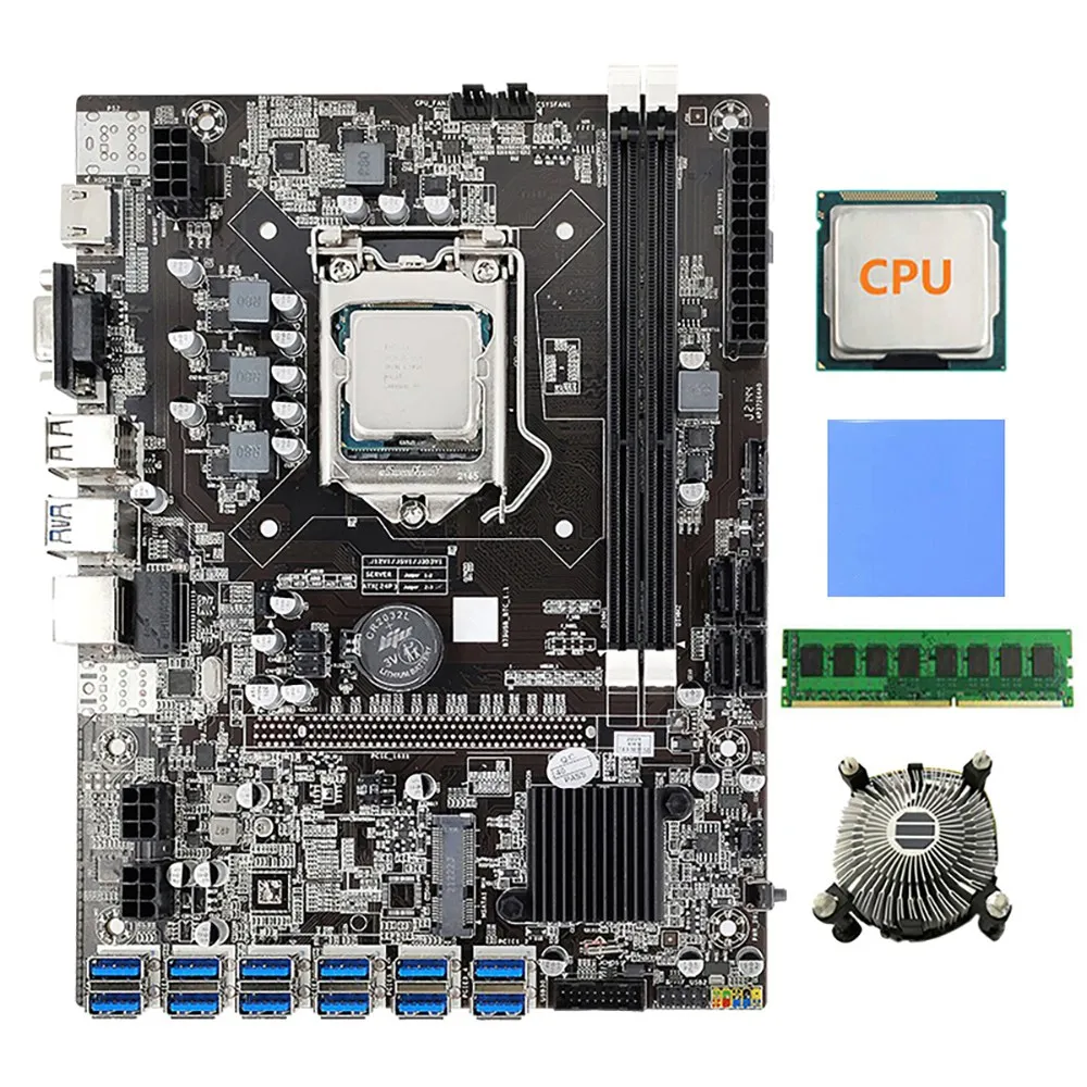 

Материнская плата 12 карт GPU B75 BTC для майнинга + процессор + охлаждающий вентилятор + термоподушка + 4G DDR3 ОЗУ 12X USB3.0(PCIE) LGA1155 DDR3 SATA3.0