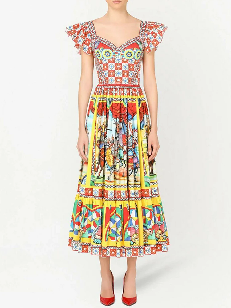 

Designer Retro Geometric Print Ruffle Sleeves High Waist Tube Top Dress Ladies Summer New Fashion Loose Swing Puff Skirt