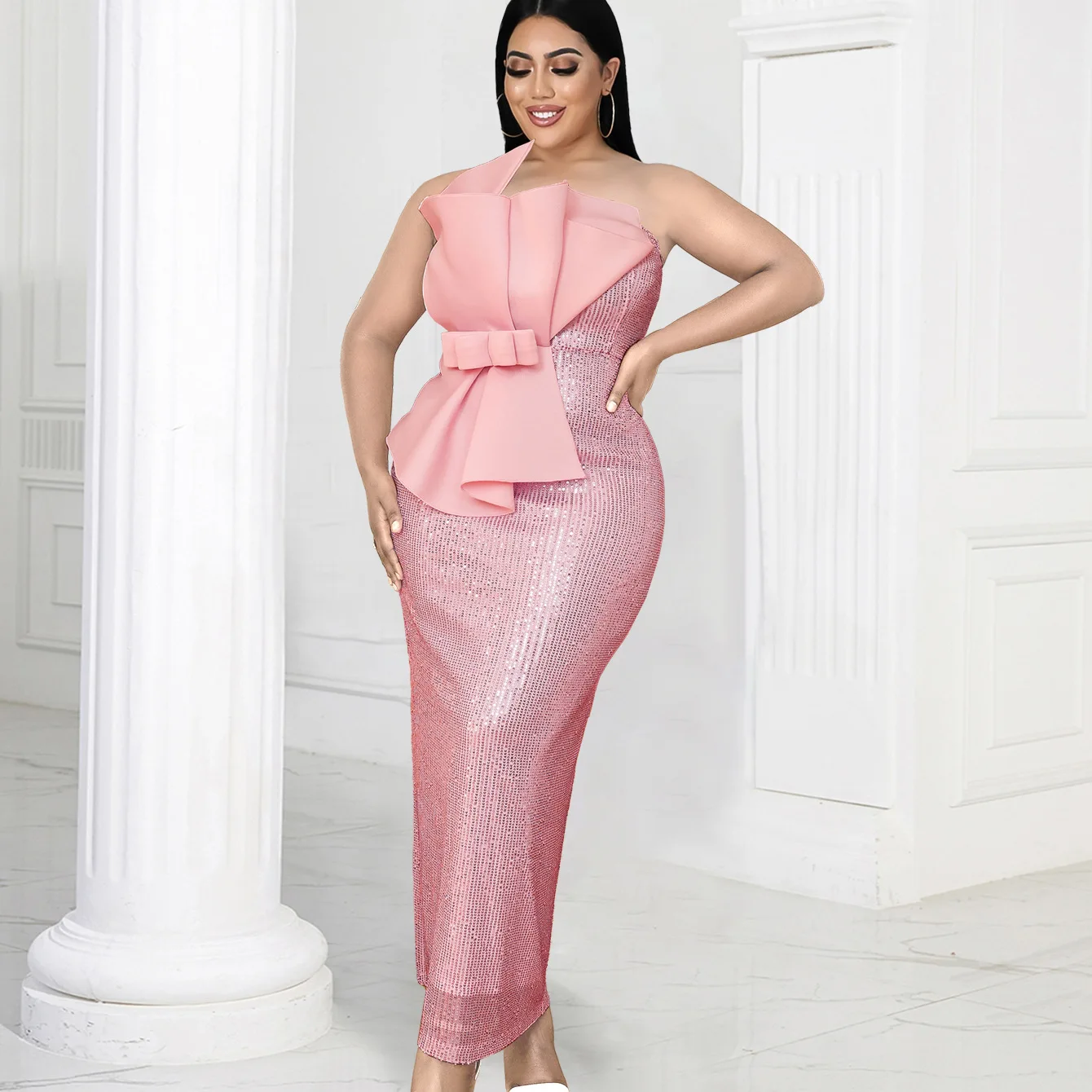 Plus Size Sequin Dress Lady Bow Club Evening Party Cloth Casual Luxury Long Robe 2023 Summer Elegant And Pretty Women's Dress