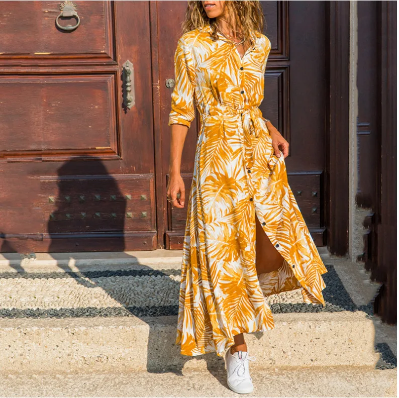 

New Casual Women's Printed Long Skirt Waist Slim Slim Temperament Dress Chiffon Ankle-Length Dresses Women