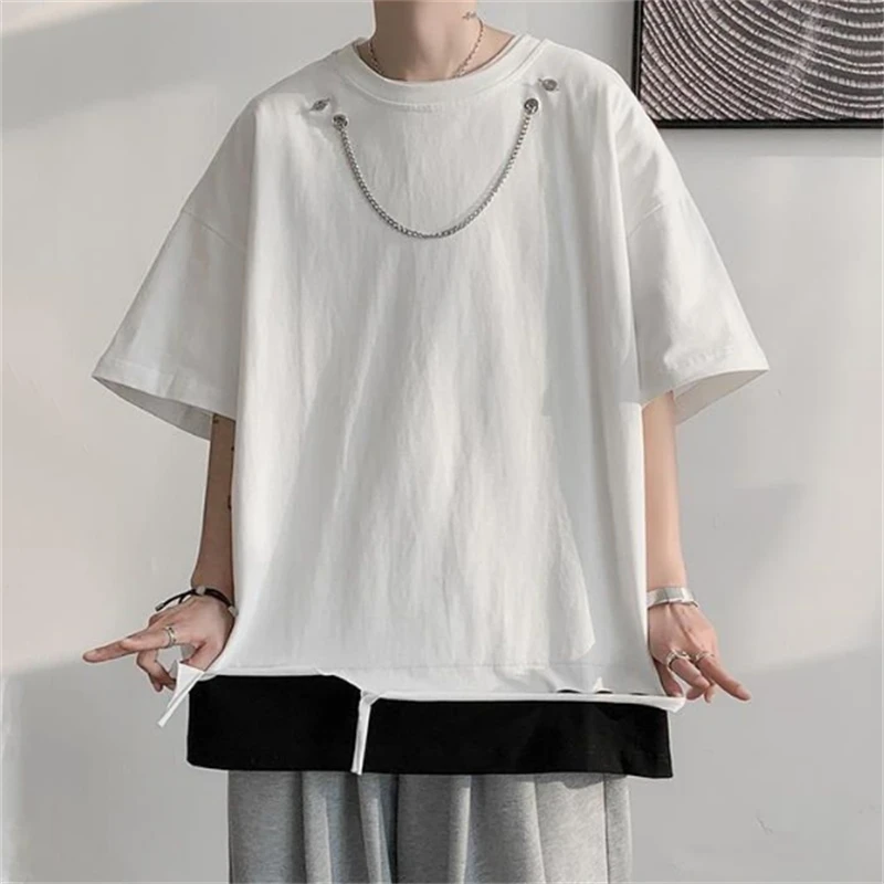 

Fake Two T-shirt for Men Summer 2022 Fashion Loose Tops Male Solid Pullover O-neck Tshirts Mens Tees Camiseta Para Hombre