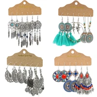 vintage big round multicolor beaded earrings set for women ethnic boho tassel feather long dreamcatcher drop earrings jewelry